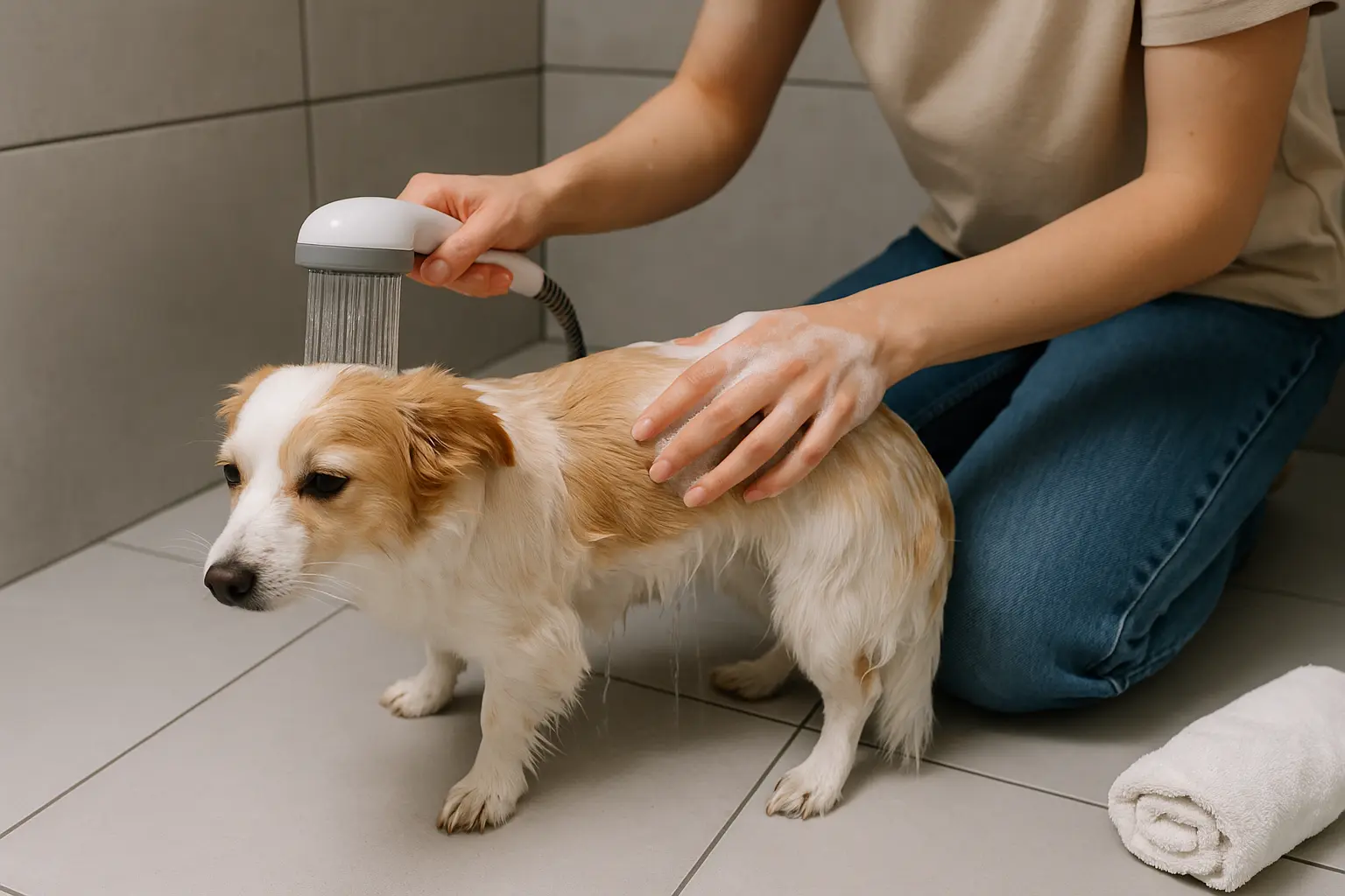 Persona bañando a su perro pequeño en la ducha de un apartamento sin bañera usando regadera portátil