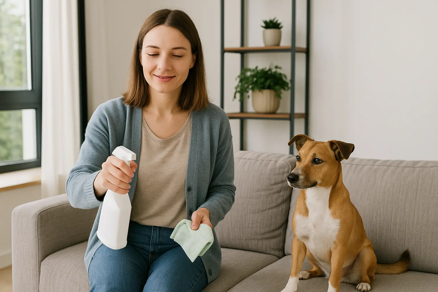 Dueña limpiando con spray natural cerca de su perro en un apartamento moderno y bien ventilado