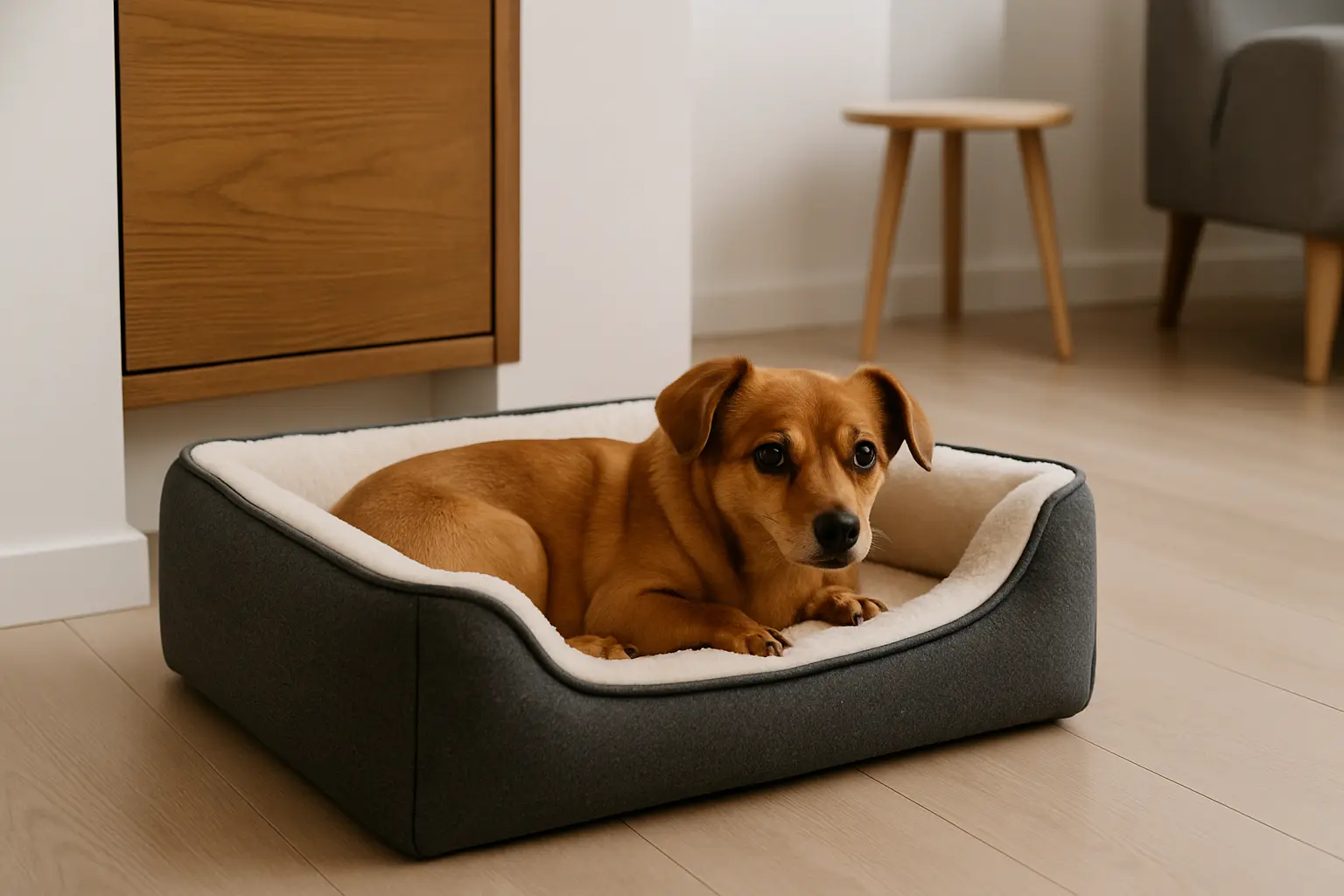 Perro pequeño acostado en una cama compacta y elegante al lado de un mueble en apartamento moderno