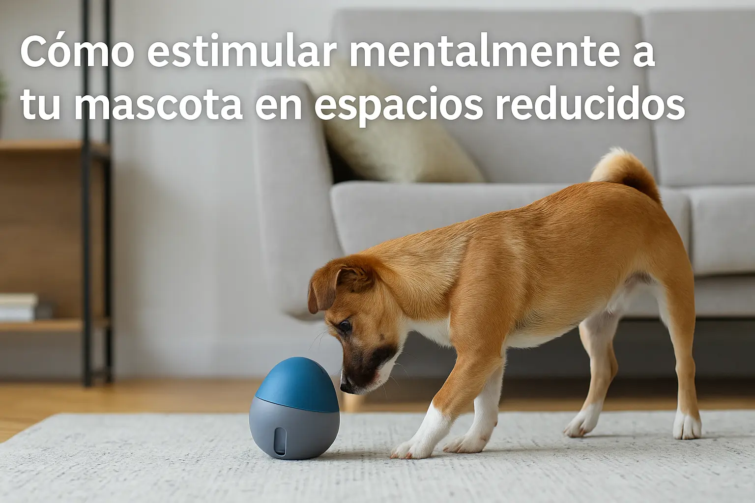 Perro pequeño usando juguete interactivo en apartamento moderno con espacio limitado