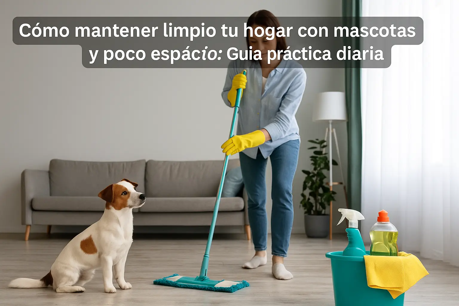 Dueña limpiando un apartamento pequeño con su perro cerca y utensilios de limpieza organizados