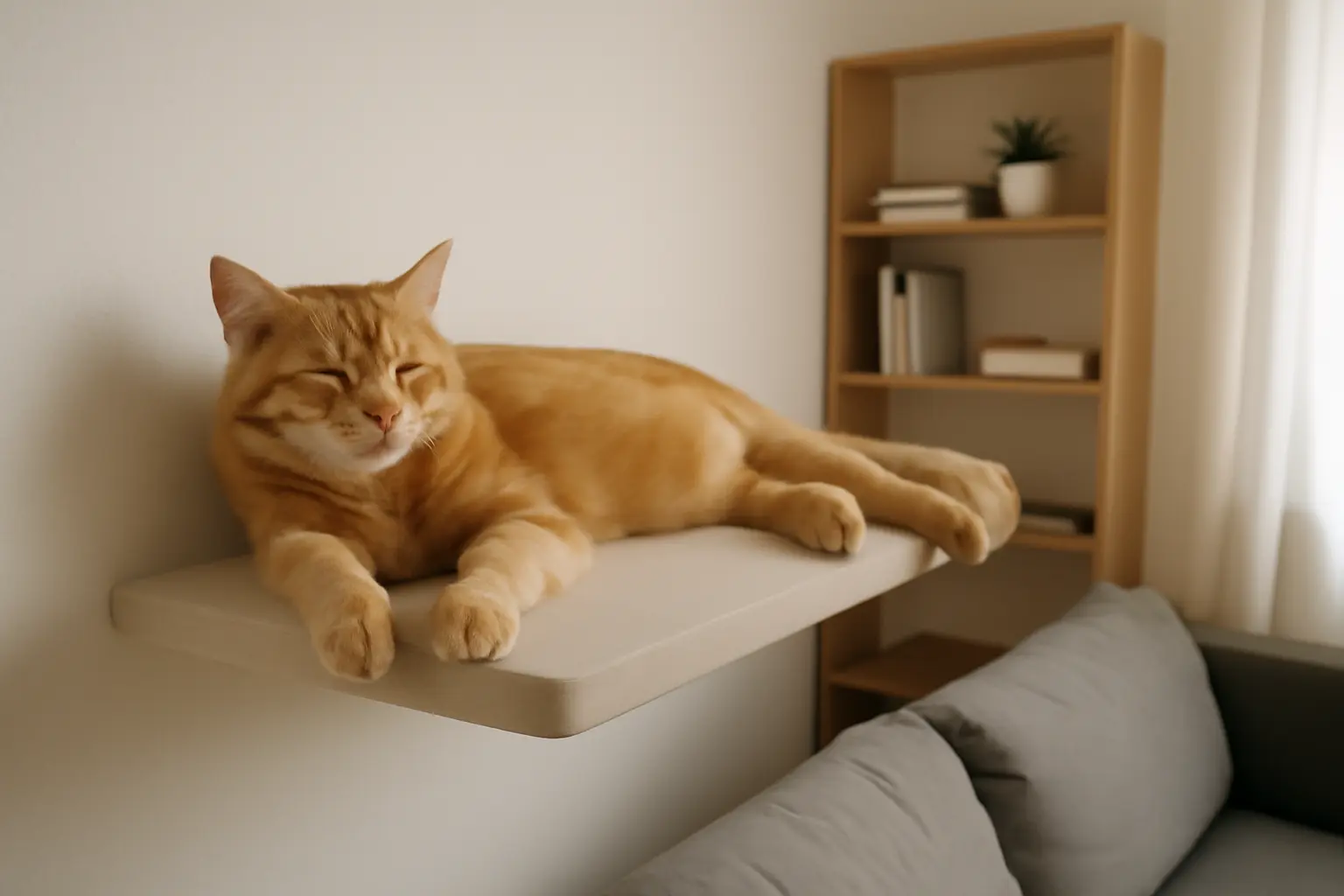 Gato descansando relajado en una repisa elevada dentro de un apartamento pequeño y tranquilo
