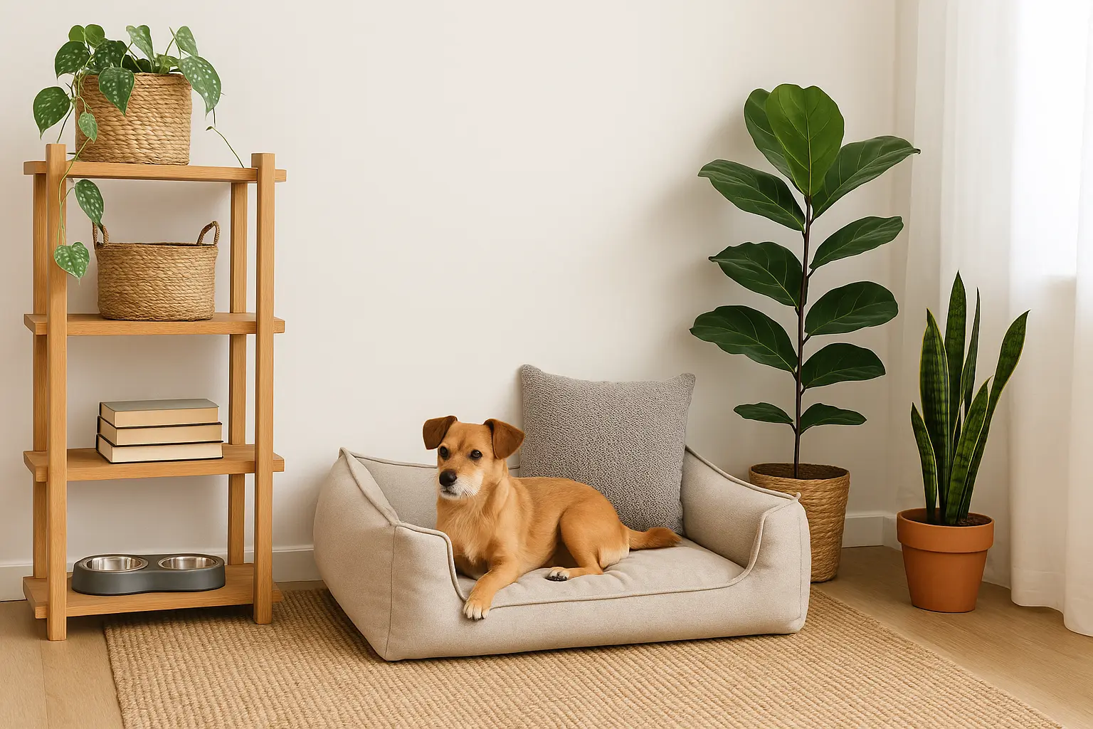 Rincón pet-friendly decorado con cama para perro, estantería y plantas en apartamento moderno