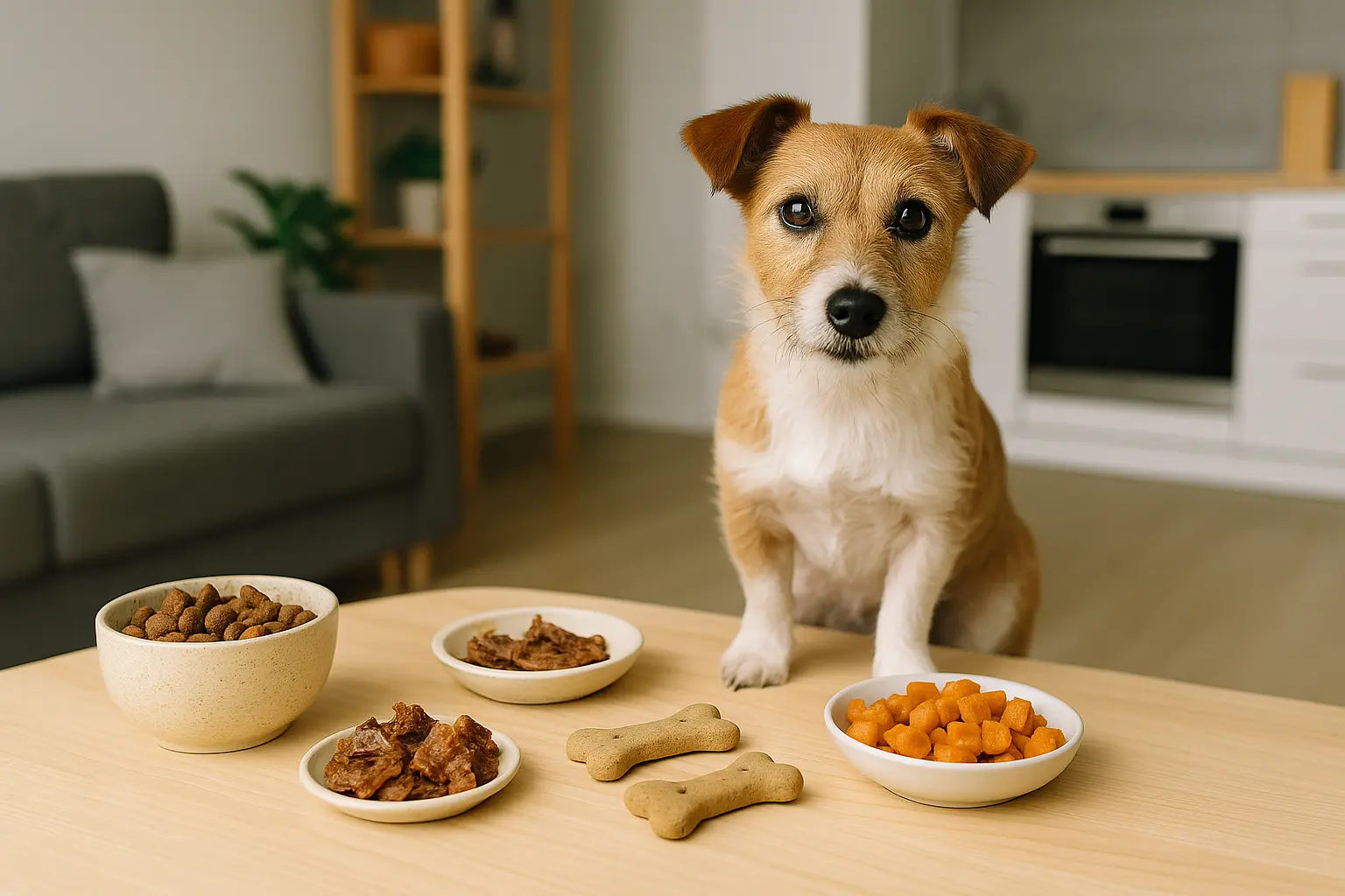Snacks naturales organizados en una mesa con un perro pequeño en apartamento moderno