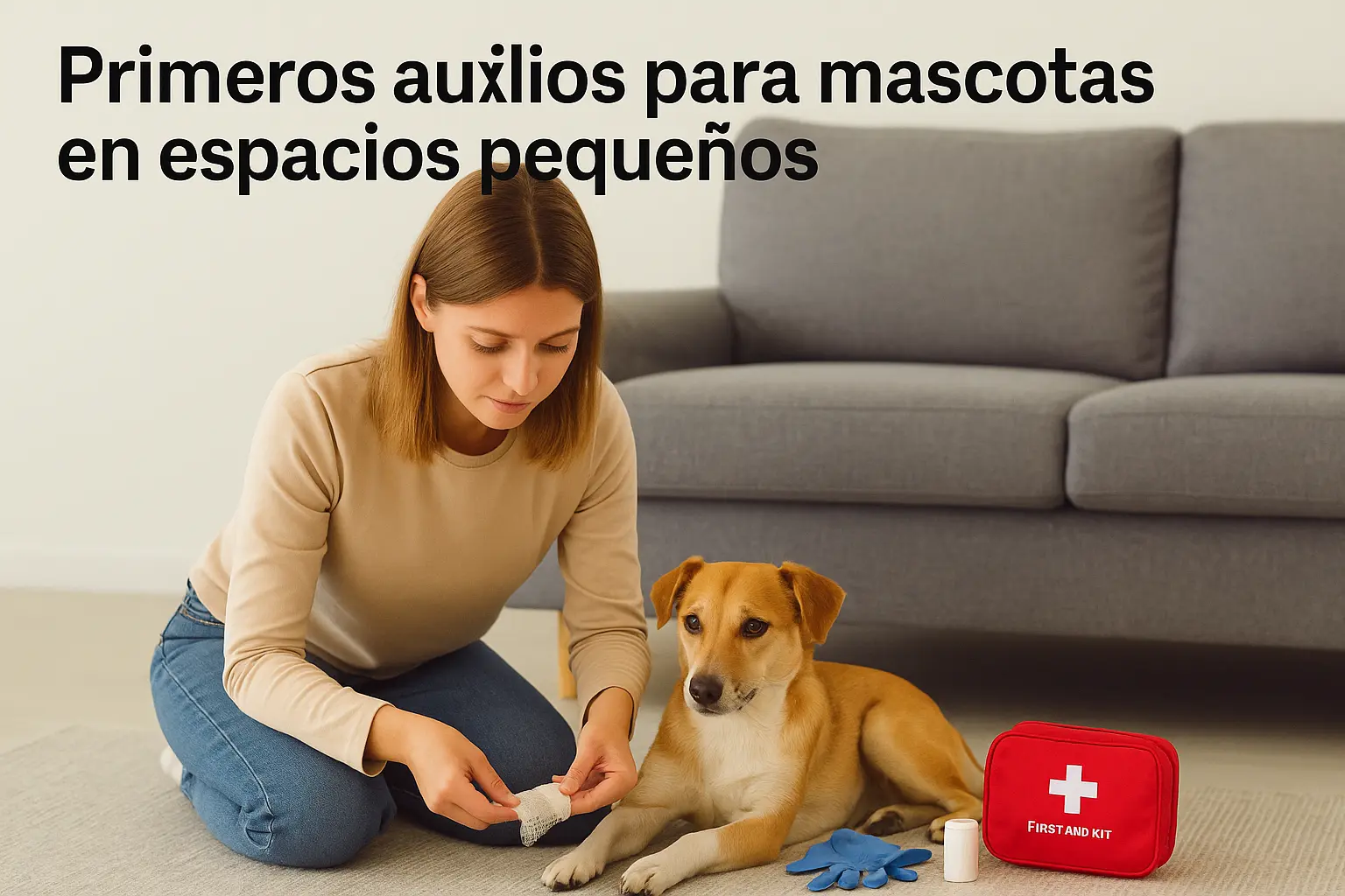 Persona atendiendo a su perro en una zona tranquila de un apartamento pequeño con elementos de botiquín a la vista