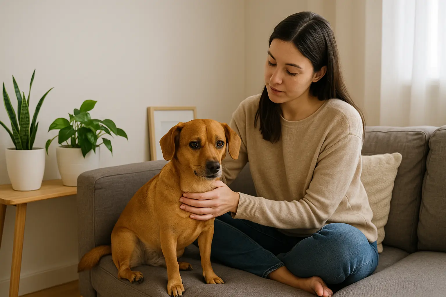 Perro inquieto dentro de un apartamento pequeño junto a su dueña que lo acaricia en un rincón tranquilo