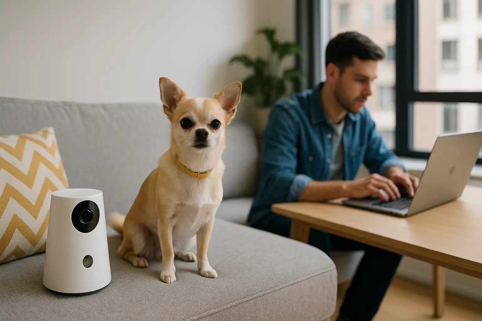 Perro pequeño en un apartamento moderno mirando una cámara interactiva mientras su dueño trabaja fuera todo el día
