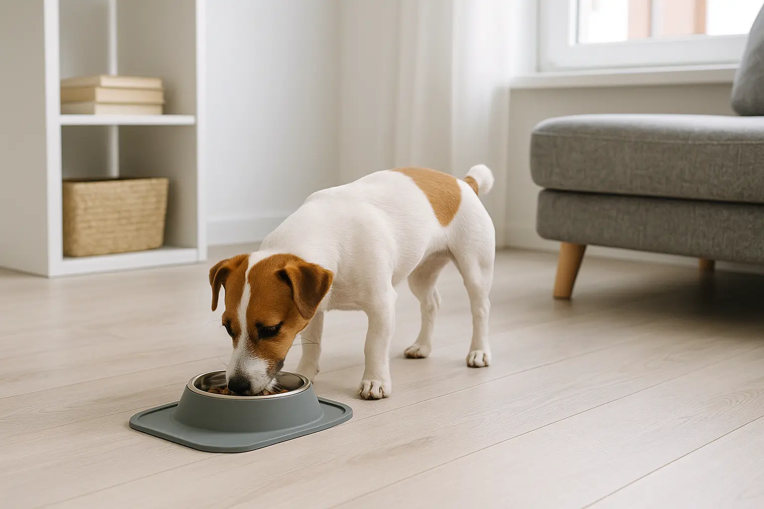 Perro pequeño comiendo en un comedero moderno y antideslizante dentro de un apartamento pequeño y ordenado