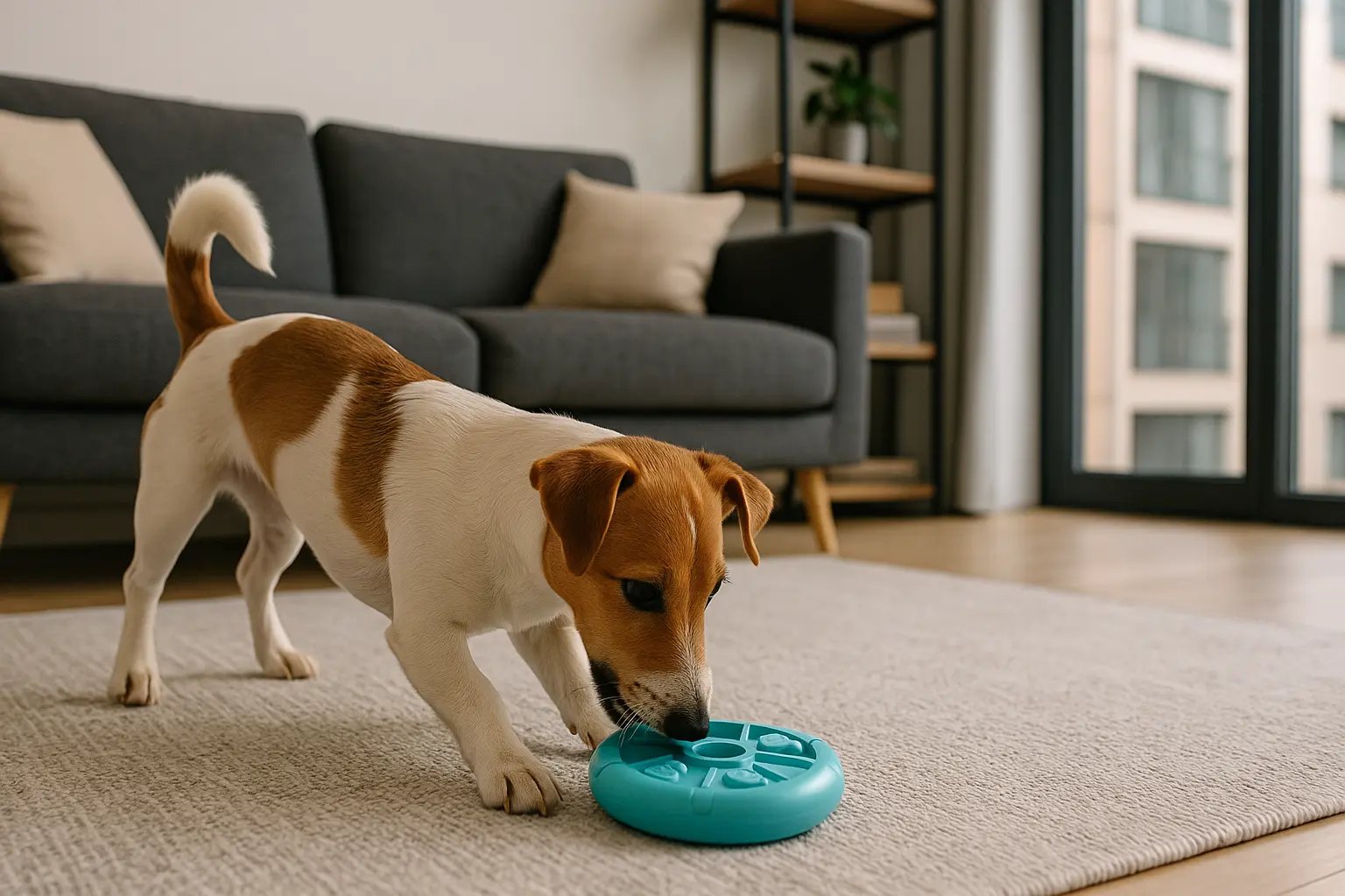 Perro jugando con un juguete interactivo en un apartamento moderno, estimulado y feliz en un espacio reducido