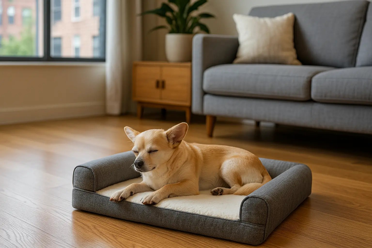 Perro pequeño descansando en una cama ortopédica dentro de un apartamento moderno y acogedor