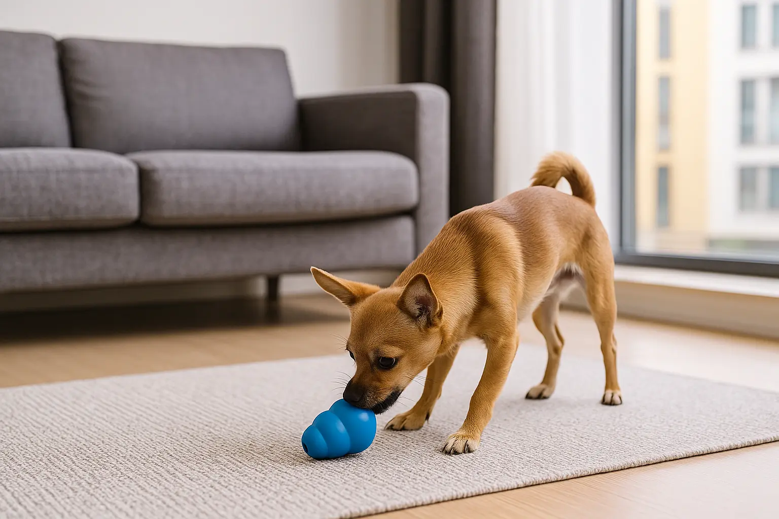 Perro pequeño jugando con un juguete interactivo dentro de un apartamento moderno y ordenado