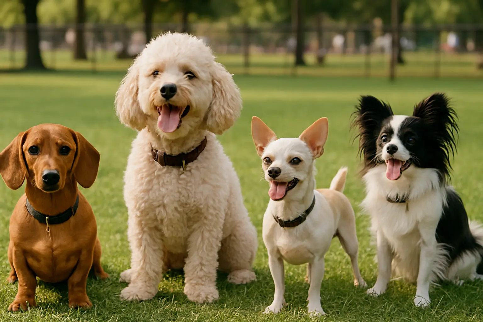 Juguetes para perros pequeños en el parque jugando con sus dueños